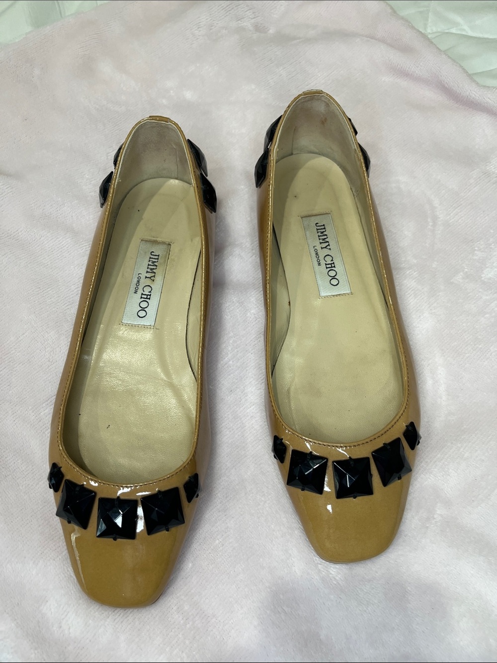 Jimmy Choo Tan Patent Leather Studded Ballet Flats